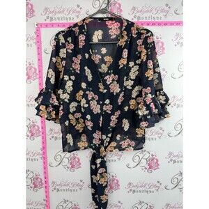 Bikbok shirt ribbon Tie-Front Floral Blouse - Navy Floral flowers bell sleeves